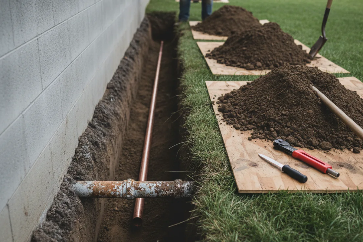 Excavated water line trench during Water Heater Repair in Giddings